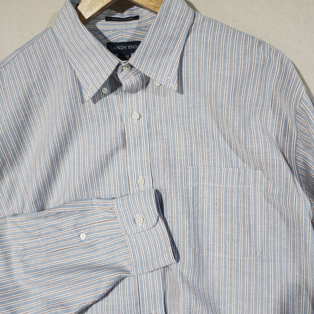 Lands End Mens 17.5-34 Supima No Iron Oxford Shirt Blue Stripe Traditional Fit